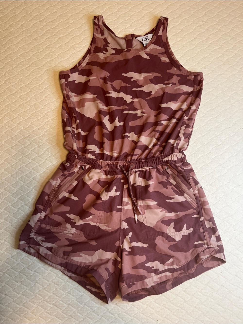 Athleta Pink Camo Romper with pockets, drawstring, L/12